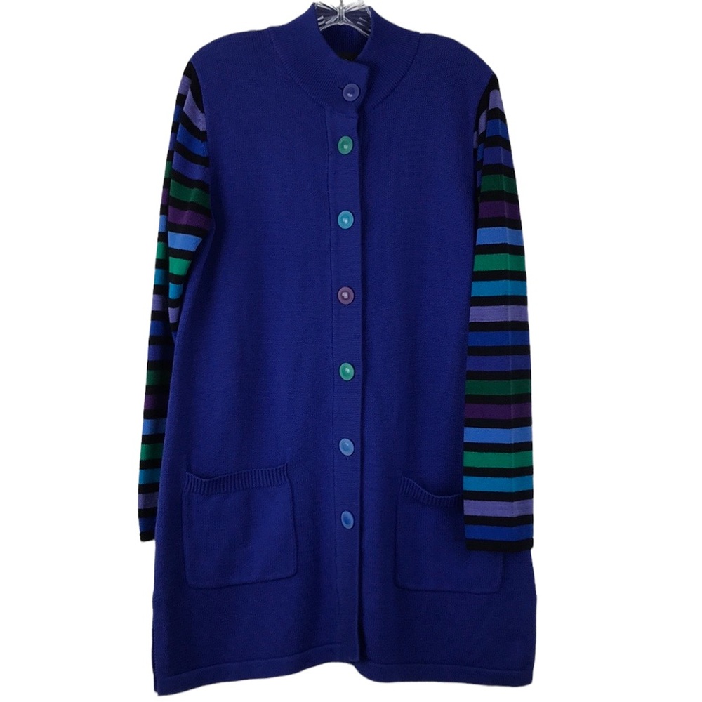 Bob Mackie Wearable Art Long Cardigan Button Front Pockets Blue Stripe Medium